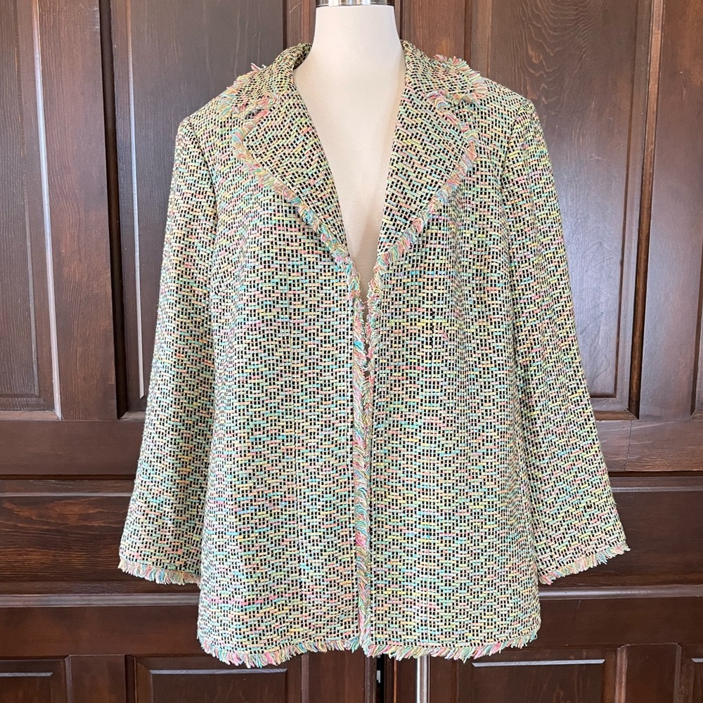Elana by Tanner Women's 16 Silk Tweed Blazer Jacket Fringe Multicolor Pastel